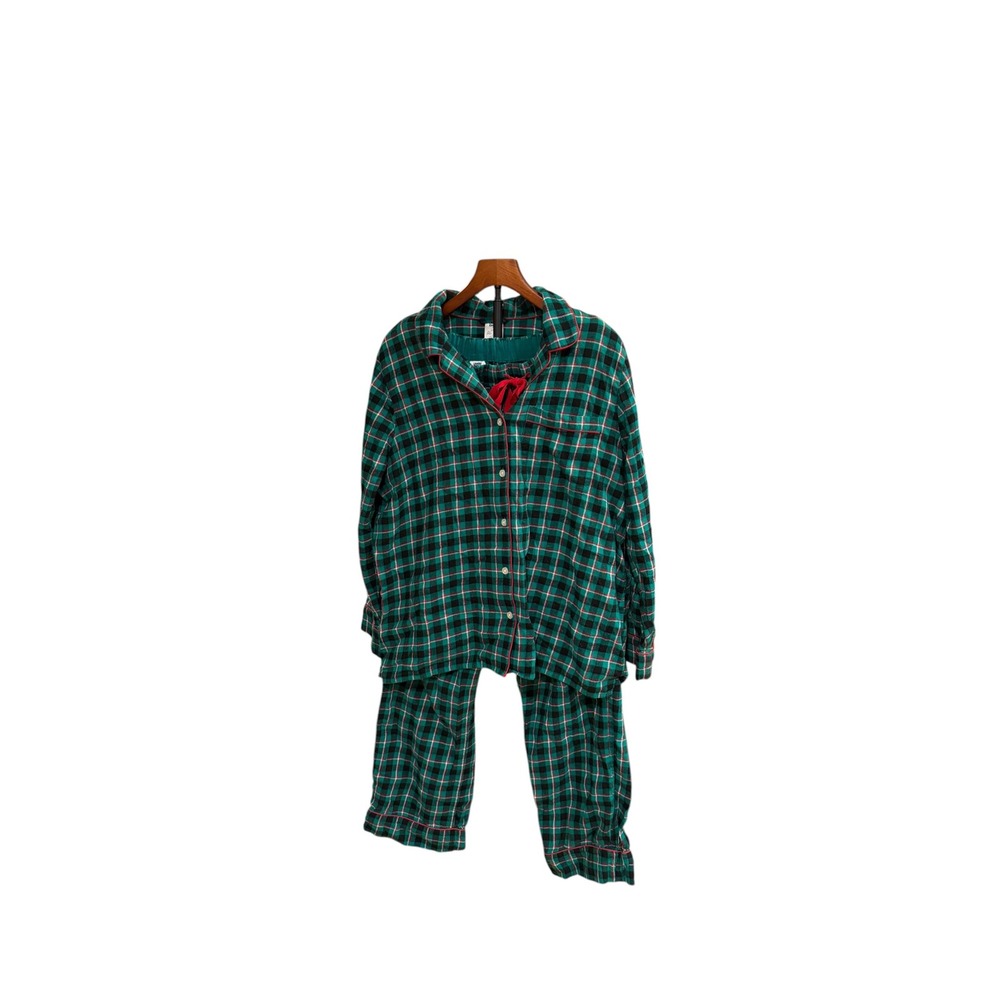 Lands' End Women Green Plaid Flannel Pajama L/ XL Cotton 2 Piece PJs warm coz